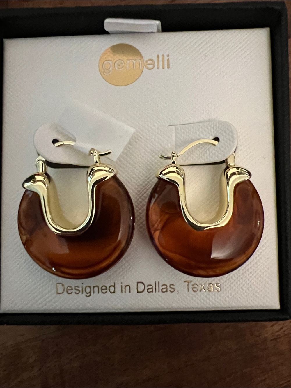Brown Resin Hoop Drop Earrings with Gold Accents